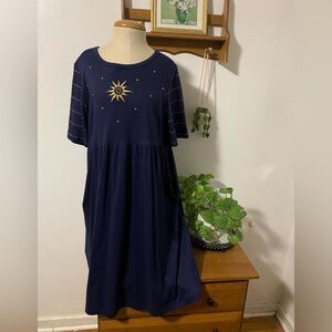 Vintage 90s Navy Blue Celestial Knit Dress with Sun Embroidery M with Pockets!